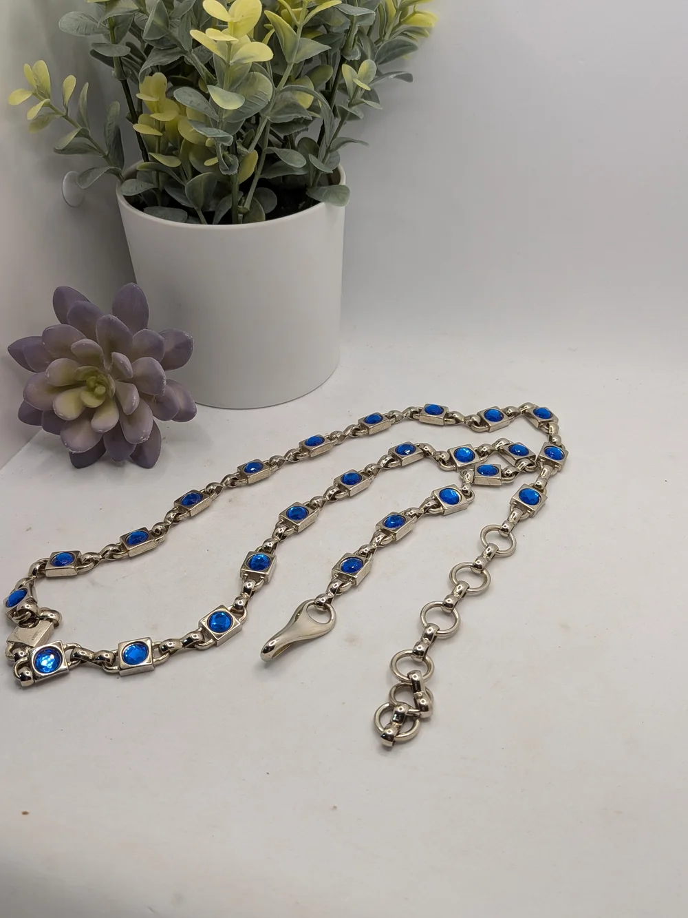 Silver-Tone Chain Belt with Blue Crystal Accents
